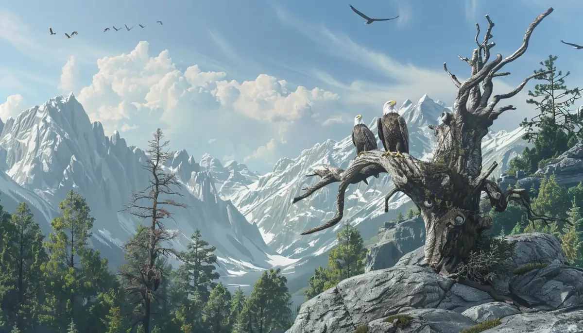 Bald Eagles, magestic birds in wild mountains and beautiful lakes and scenic valleys