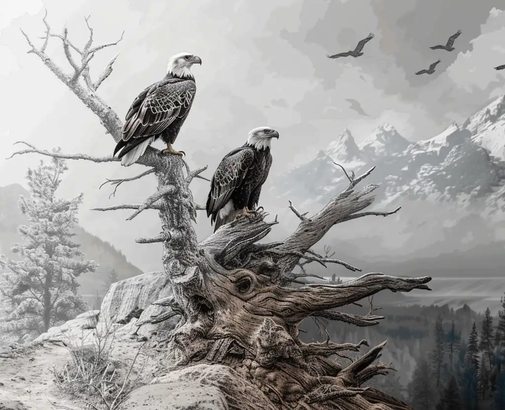 Bald Eagles picture on an old tree stump high in the mountains