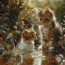 Ragdoll and young Ragdoll kittens playing in a small pond in a garden