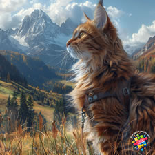 Maine Coon being taken for a walk in the countryside, on a walking harness, surrounded by beautiful mountain scenery