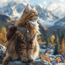 Norwegian Forest Cat being taken for a walk in the countryside