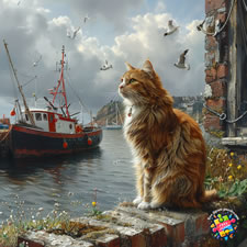 Manx cat at a harbour looking over towards a traditional fishing boat