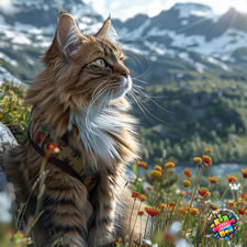 Norwegian Forest Cat being taken for a walk in the countryside