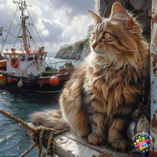 Manx cat at a harbour looking over towards a traditional fishing boat landing fish