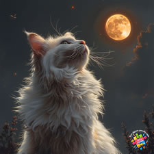 A long haired Cat cat looking up into the sky looking at a full moon