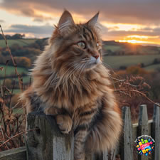 Siberian cat sitting on a farmers wooden gate looking over the countryside