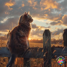 Bengall cat sitting on a farmers gate looking over the countryside at sunset