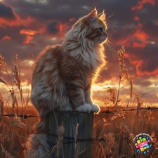 Ragdoll cat sitting on a farmers fence post looking over the countryside at sunset