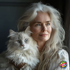 Beautiful woman getting cuddles with her Ragamuffin cat
