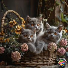 Chartreux cat with kittens in a large basket with a bunch of flowers