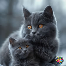 Gorgeous Chartreux cat with young kitten