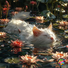 Turkish Van cat swimming in a garden pond with water lilies