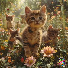 Japanese Bobtail and kittens playing in a garden with wild flowers