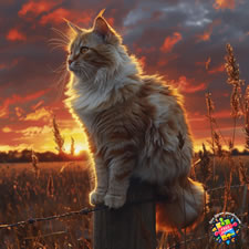 Ragdoll cat sitting on a farmers fence post looking over the countryside