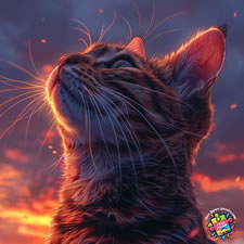 Bengal cat looking up to the sky and a glorious red sunset