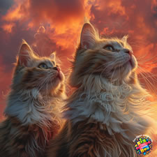 Ragdoll cats looking up to the sky and a glorious red sunset