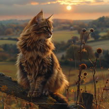 Beautiful long-haired cat looking over farmland