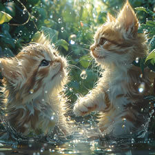 Two cute kittens playing in a puddle
