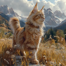 Maine Coon cat being taken for a walk in the countryside on a walking harness surrounded by beautiful scenery and mountains