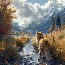 Maine Coon cat being taken for a walk in the countryside on a walking harness surrounded by beautiful scenery, near a lake and mountains