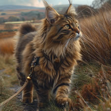 Maine Coon cat being taken for a walk in the countryside on a walking harness