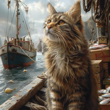 Manx cat at a harbour looking over towards a traditional fishing boat landing fish