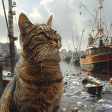 Tabby cat at a harbour with traditional fishing boats
