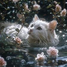 Turkish Van, swimming cat, can among water plants