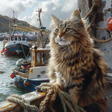 Picture of a Manx cat on a fishing boat in a harbour