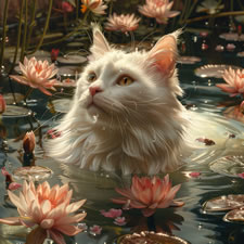 Picture of a Turkish Van cat swimming in a garden pond with water lilies