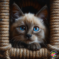 Tonkinese cat sitting in a basket