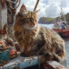 Long-haired Manx cat on a fishing boat