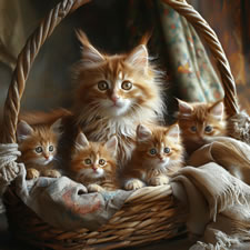 Maine Coon cat and kittens in a basket - picture 10 of 30