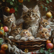 Maine Coon cat with kittens in a basket - picture 11 of 30